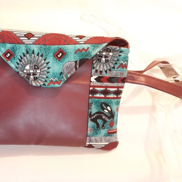 NEW Faux Leather Western Envelope Purse Clutch Wristlet Bag Wine Teal Bear Aztec - Picture 2 of 8